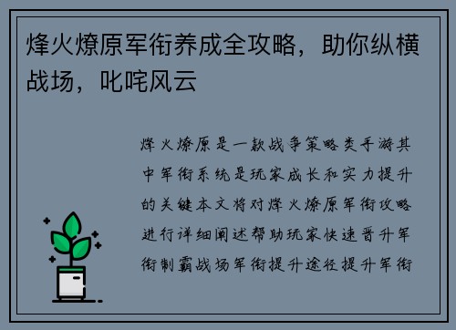 烽火燎原军衔养成全攻略，助你纵横战场，叱咤风云